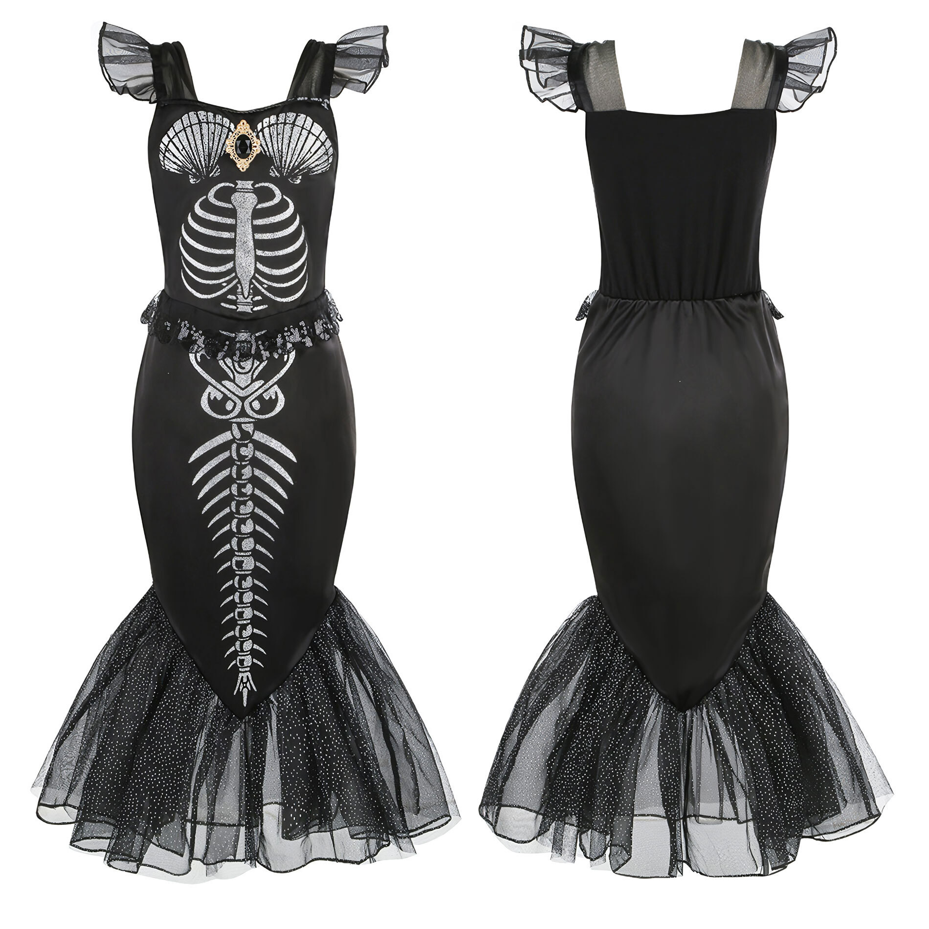 Girls Skeleton Mermaid Costume Dress Halloween Princess Cosplay Outfit for 2-8Y